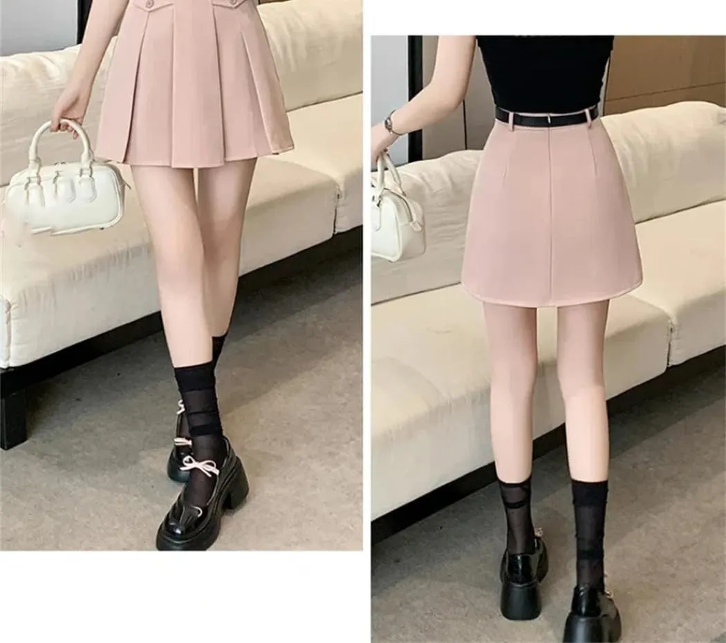 Women Spring Summer High Wasit A-Line Short Skirts Pleated Mini Skirt Korean Ladies Casual Suit Skirts
