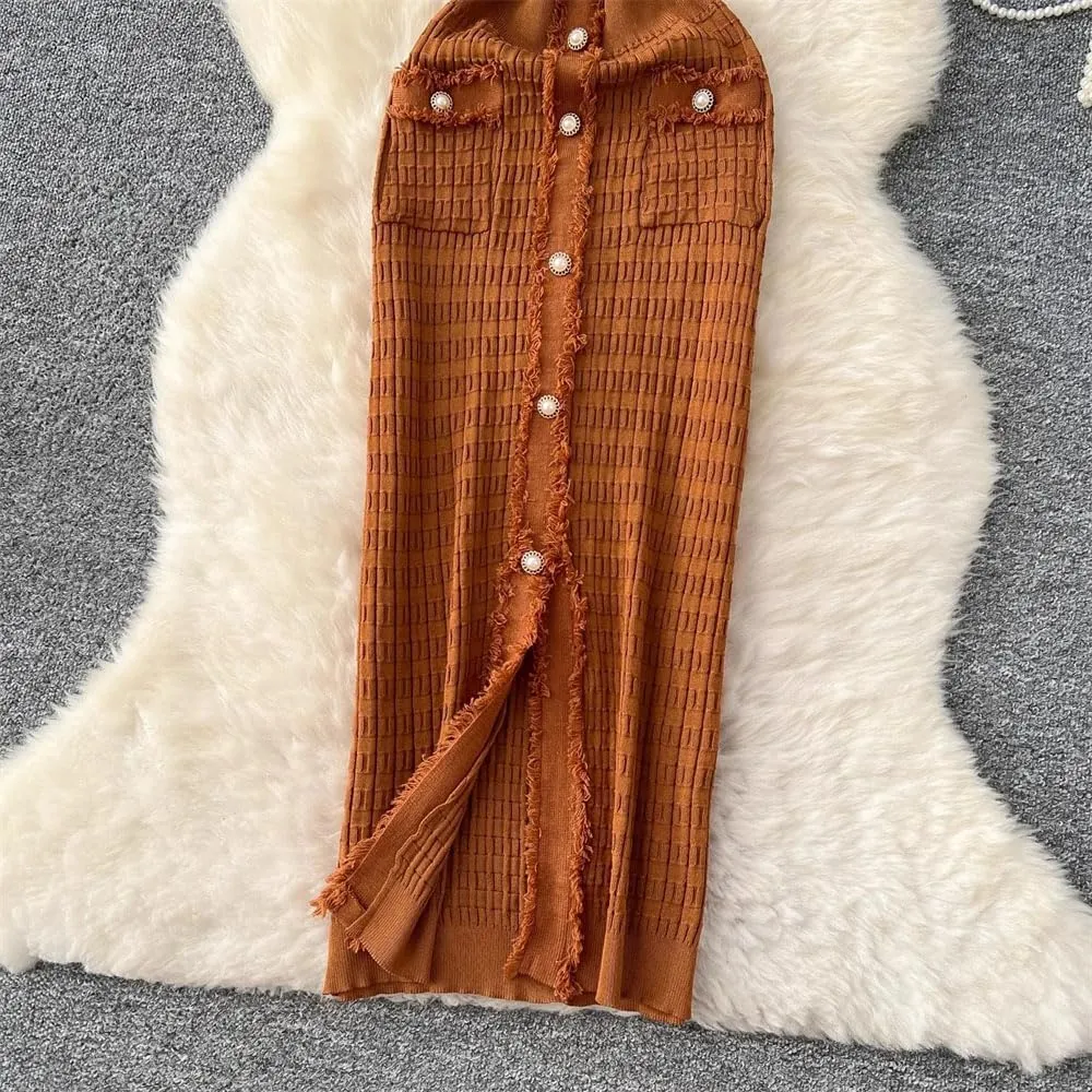 Women Vintage Pearl Buttons Knit Dress Office Knit Sweater Dress Bodycon Long Party Dresses