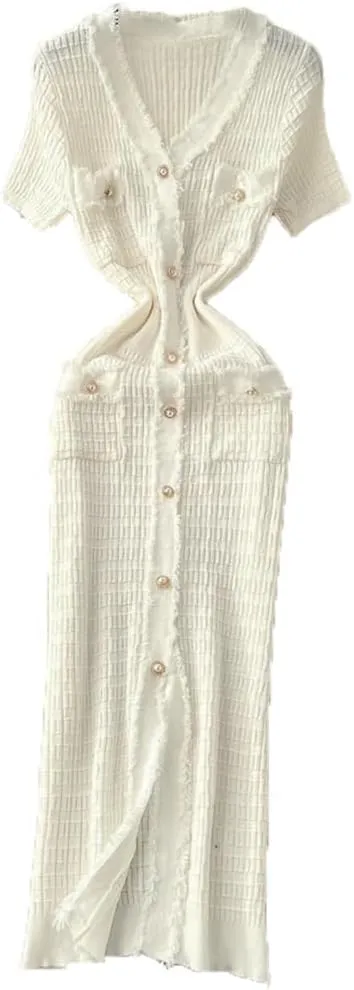 Women Vintage Pearl Buttons Knit Dress Office Knit Sweater Dress Bodycon Long Party Dresses