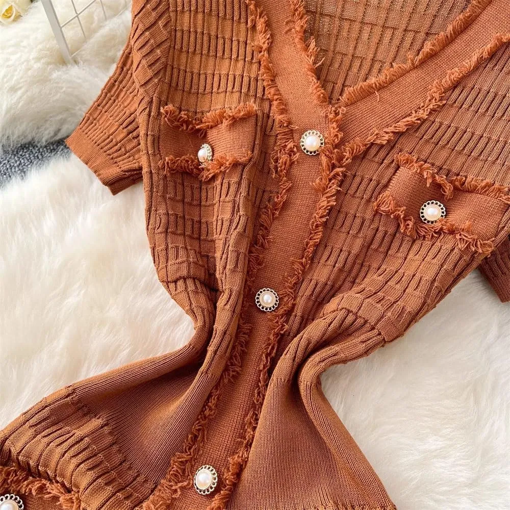 Women Vintage Pearl Buttons Knit Dress Office Knit Sweater Dress Bodycon Long Party Dresses