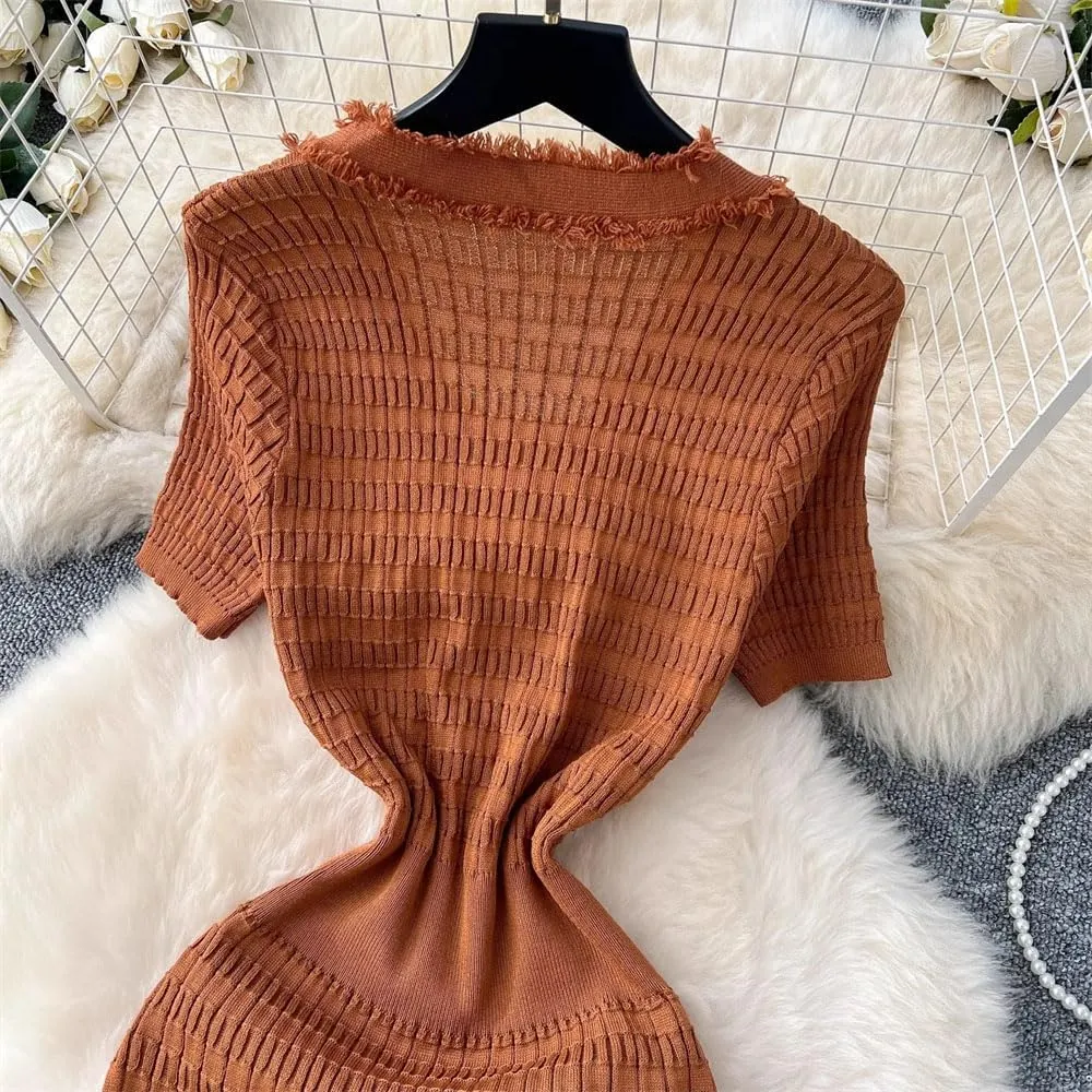 Women Vintage Pearl Buttons Knit Dress Office Knit Sweater Dress Bodycon Long Party Dresses