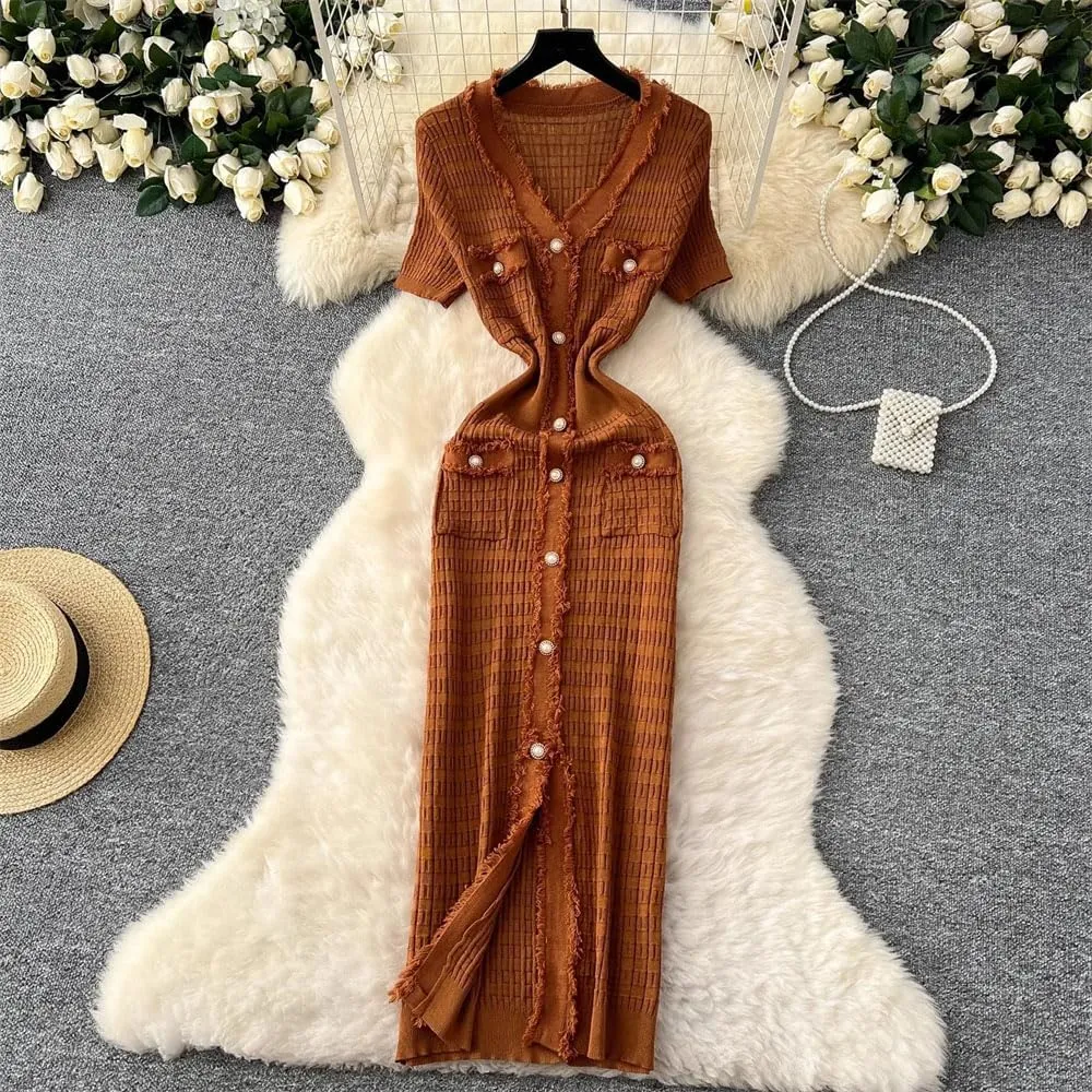 Women Vintage Pearl Buttons Knit Dress Office Knit Sweater Dress Bodycon Long Party Dresses