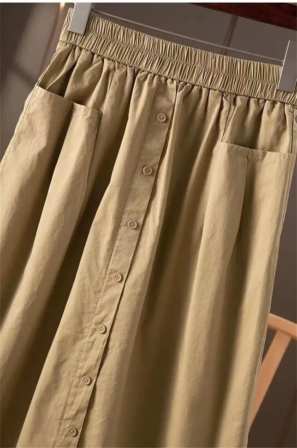 Women Washed Cotton Elastic Waist Wide Leg Skirts Slimming A Line Skirt with Large Pocket