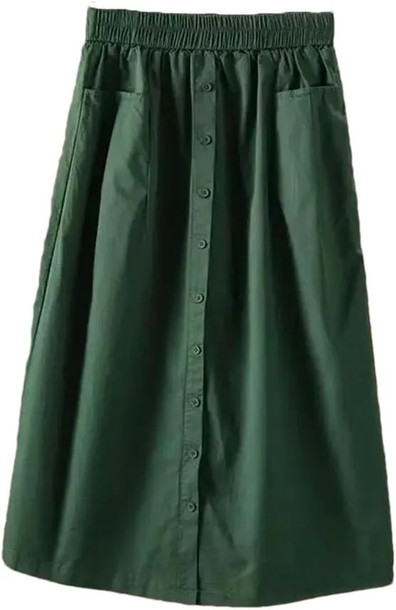 Women Washed Cotton Elastic Waist Wide Leg Skirts Slimming A Line Skirt with Large Pocket