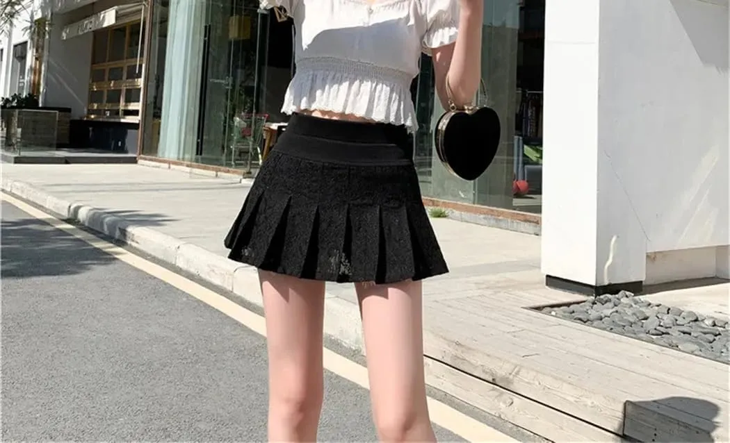 Women's A Line Mini Skirt Short Elastic Waist Lace Pleated Fashion Hollow Out Skirt