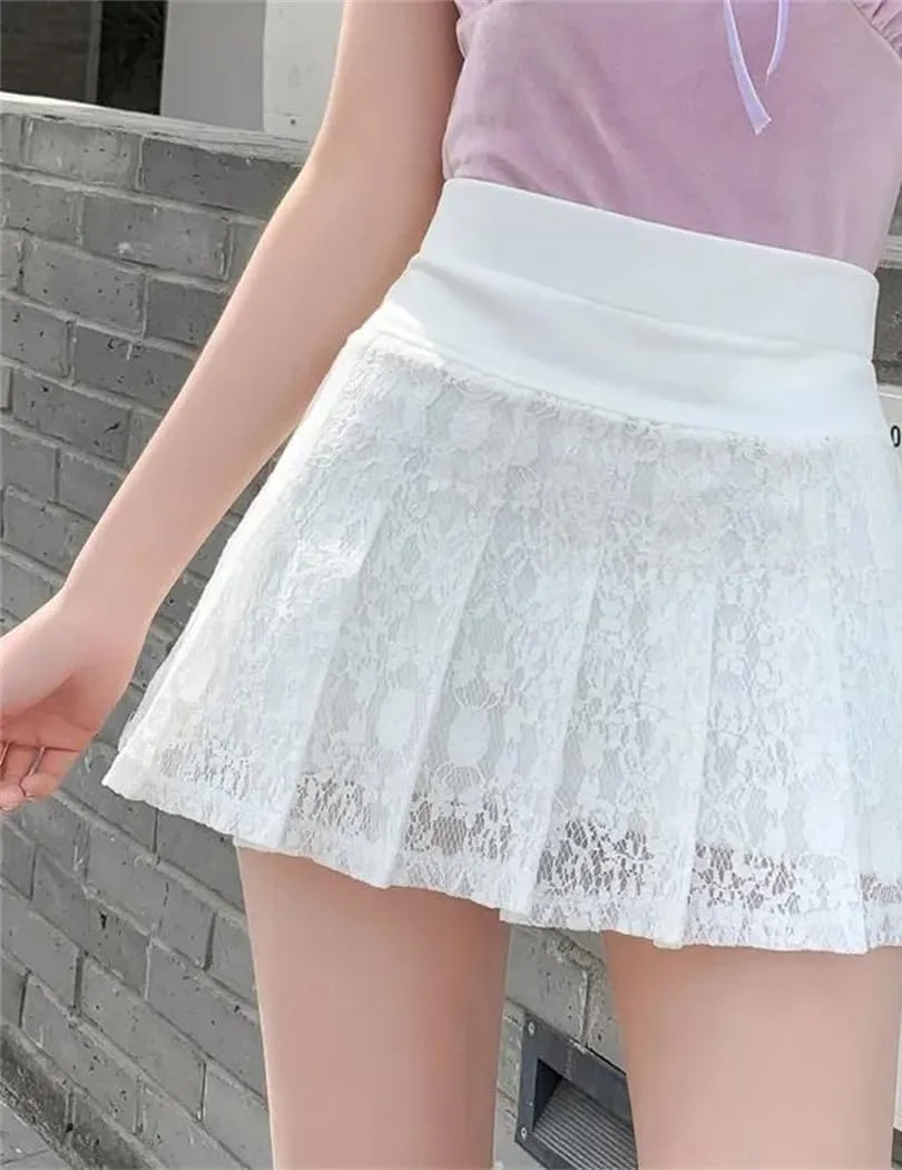 Women's A Line Mini Skirt Short Elastic Waist Lace Pleated Fashion Hollow Out Skirt