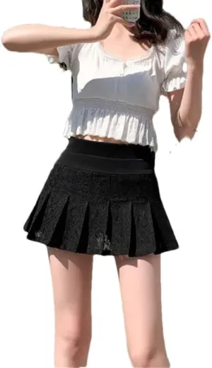 Women's A Line Mini Skirt Short Elastic Waist Lace Pleated Fashion Hollow Out Skirt