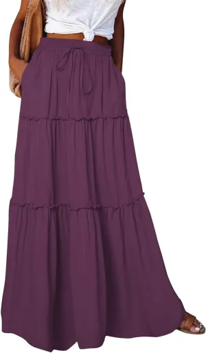 Women's Bow Tie Waist Maxi Skirt with Pockets Stretchy High Waist Ruffle Hem Casual Beach A-Line Skirt
