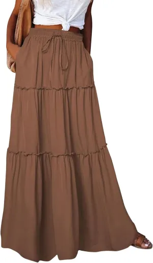 Women's Bow Tie Waist Maxi Skirt with Pockets Stretchy High Waist Ruffle Hem Casual Beach A-Line Skirt