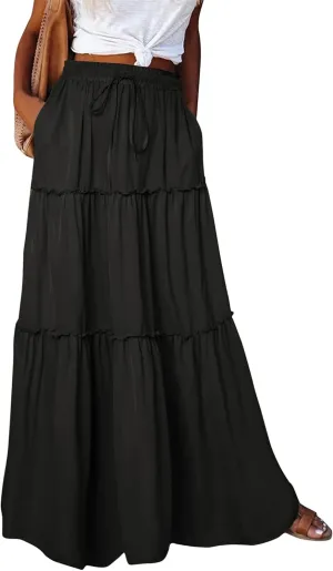 Women's Bow Tie Waist Maxi Skirt with Pockets Stretchy High Waist Ruffle Hem Casual Beach A-Line Skirt