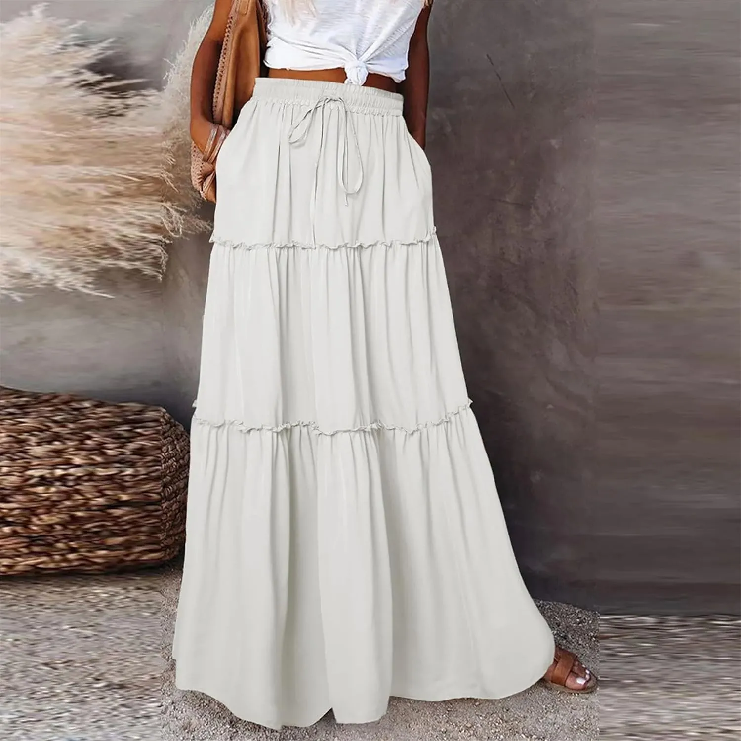 Women's Bow Tie Waist Maxi Skirt with Pockets Stretchy High Waist Ruffle Hem Casual Beach A-Line Skirt