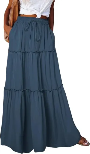 Women's Bow Tie Waist Maxi Skirt with Pockets Stretchy High Waist Ruffle Hem Casual Beach A-Line Skirt