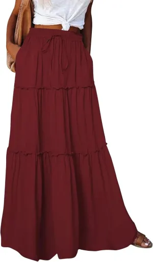 Women's Bow Tie Waist Maxi Skirt with Pockets Stretchy High Waist Ruffle Hem Casual Beach A-Line Skirt