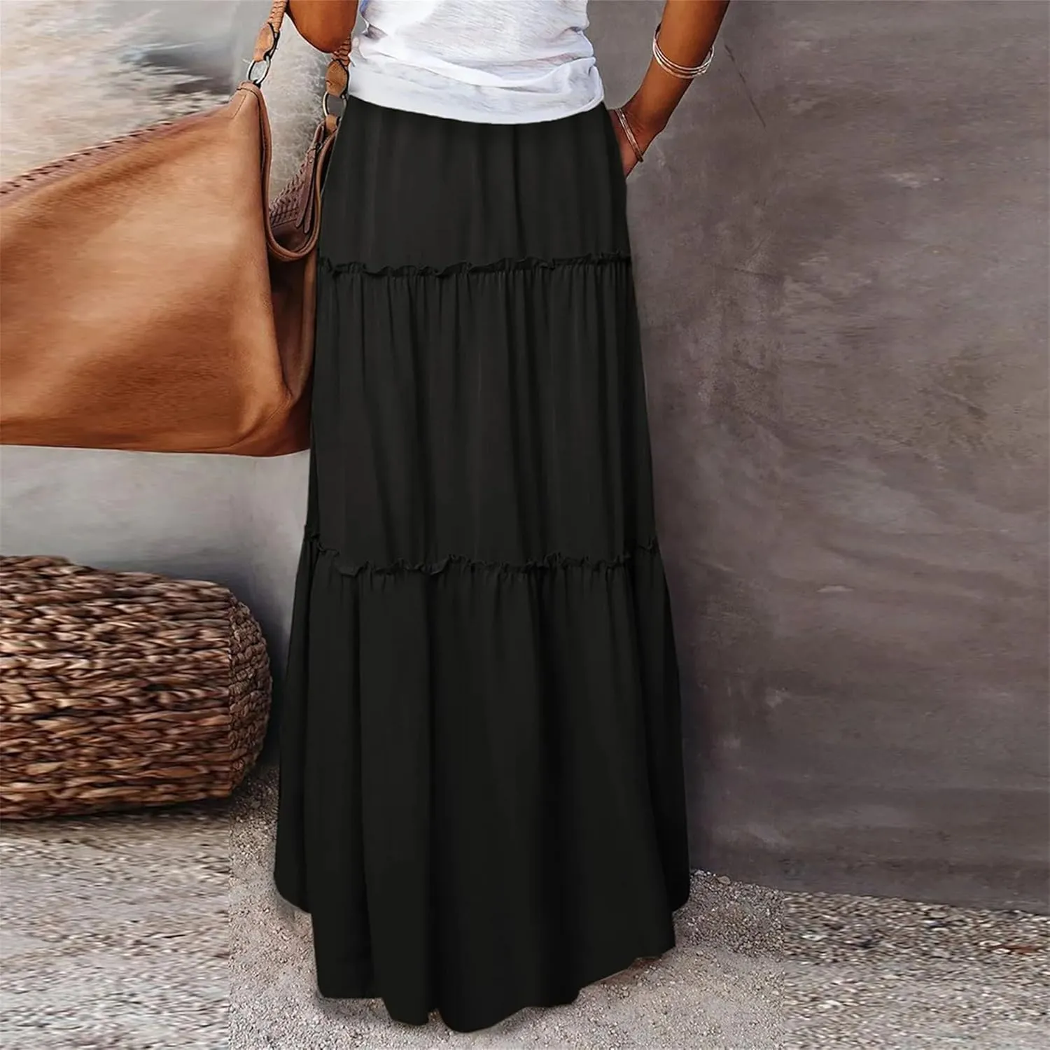 Women's Bow Tie Waist Maxi Skirt with Pockets Stretchy High Waist Ruffle Hem Casual Beach A-Line Skirt