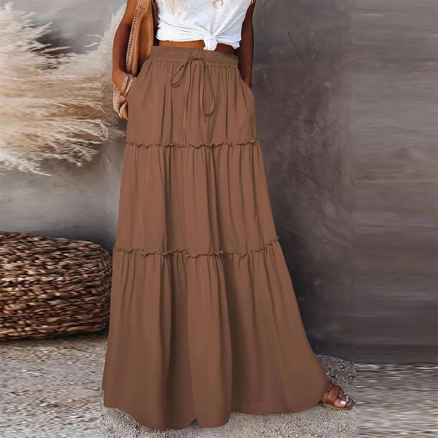 Women's Bow Tie Waist Maxi Skirt with Pockets Stretchy High Waist Ruffle Hem Casual Beach A-Line Skirt