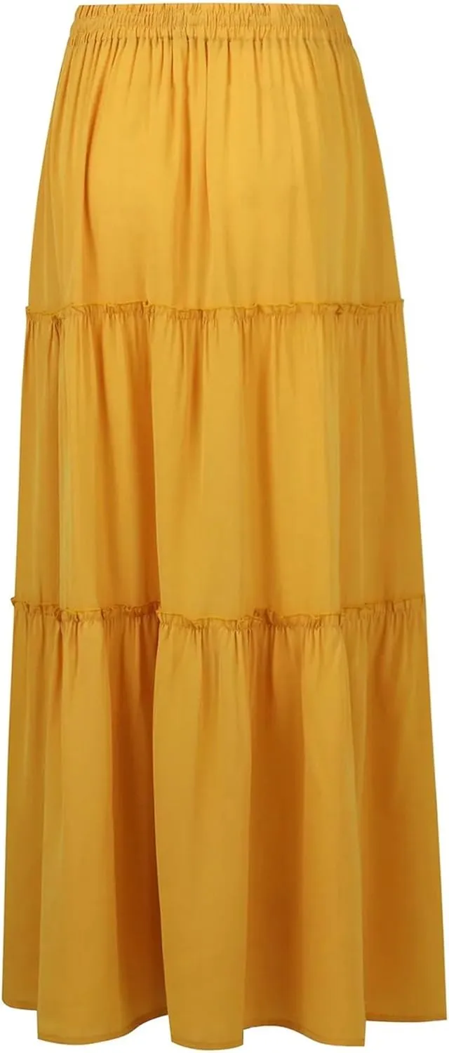 Women's Bow Tie Waist Maxi Skirt with Pockets Stretchy High Waist Ruffle Hem Casual Beach A-Line Skirt