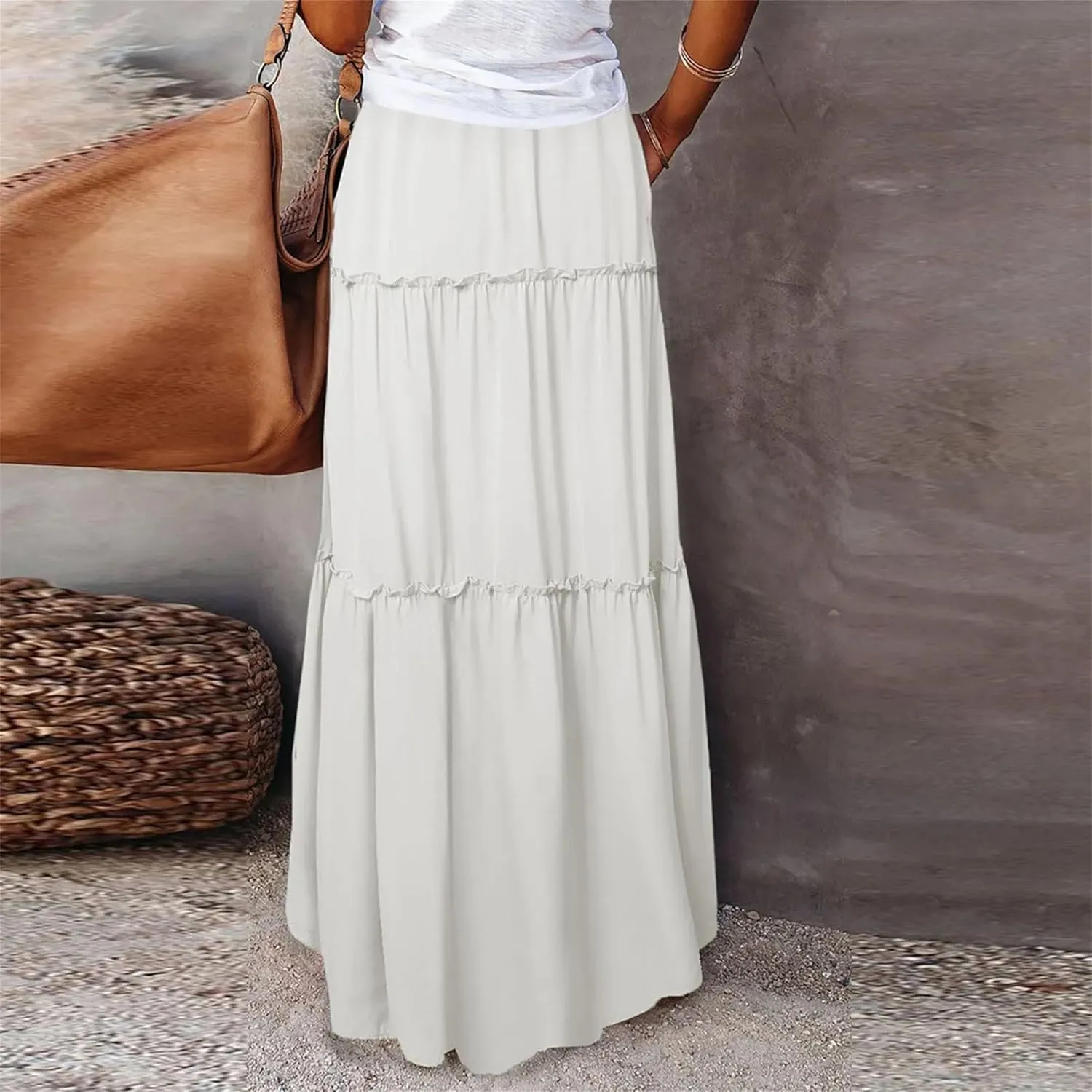 Women's Bow Tie Waist Maxi Skirt with Pockets Stretchy High Waist Ruffle Hem Casual Beach A-Line Skirt