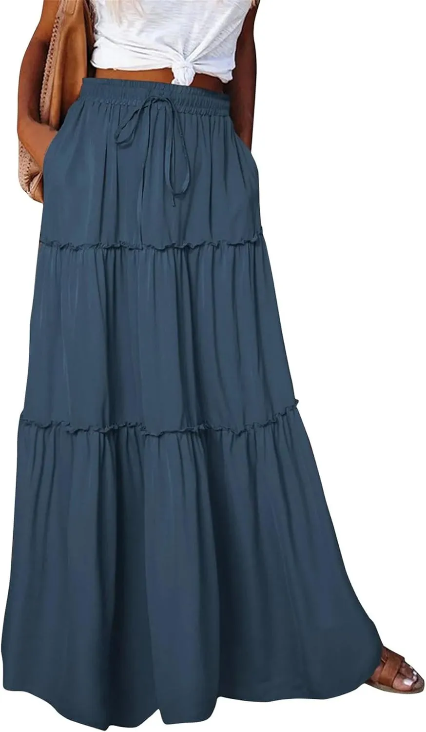 Women's Bow Tie Waist Maxi Skirt with Pockets Stretchy High Waist Ruffle Hem Casual Beach A-Line Skirt