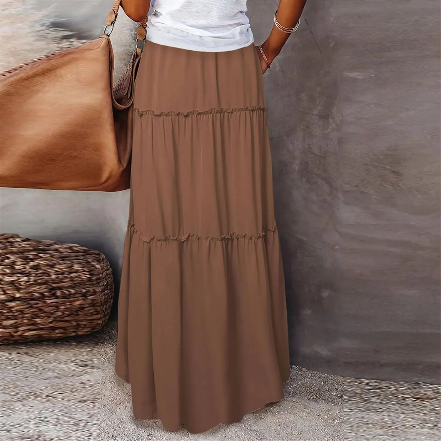 Women's Bow Tie Waist Maxi Skirt with Pockets Stretchy High Waist Ruffle Hem Casual Beach A-Line Skirt