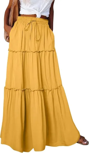 Women's Bow Tie Waist Maxi Skirt with Pockets Stretchy High Waist Ruffle Hem Casual Beach A-Line Skirt