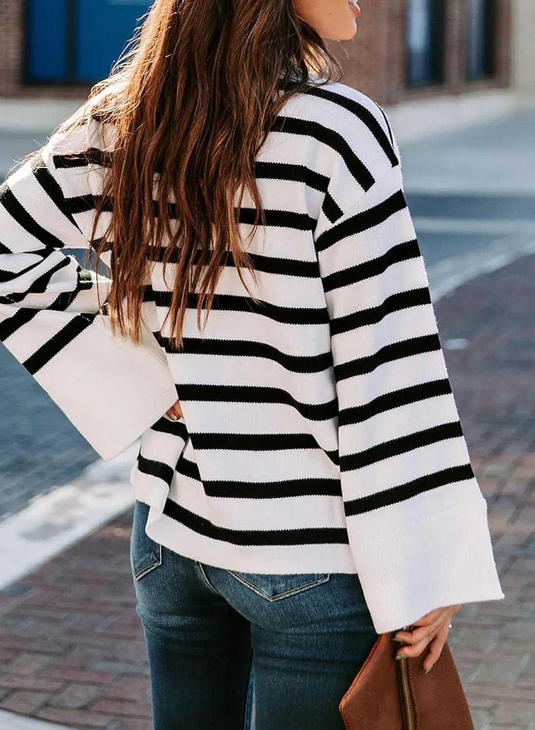Women's Casual Long Sleeve Striped Sweater Fall Oversized Turtleneck Ribbed Knit Pullover Sweater Tops