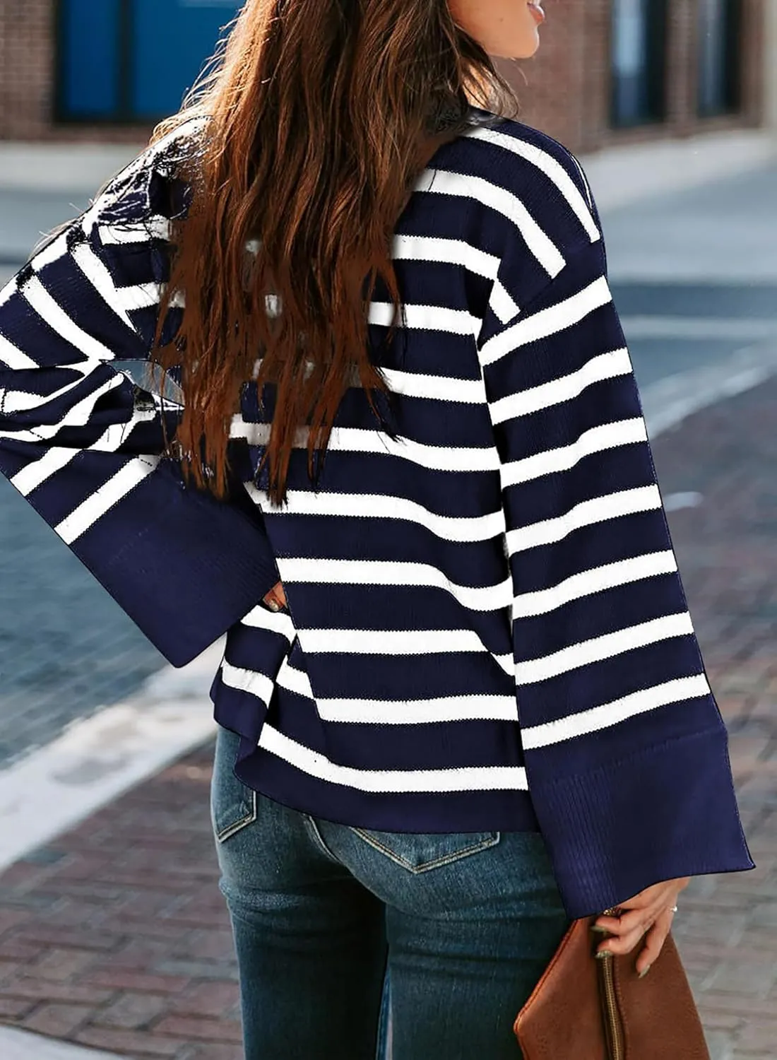 Women's Casual Long Sleeve Striped Sweater Fall Oversized Turtleneck Ribbed Knit Pullover Sweater Tops