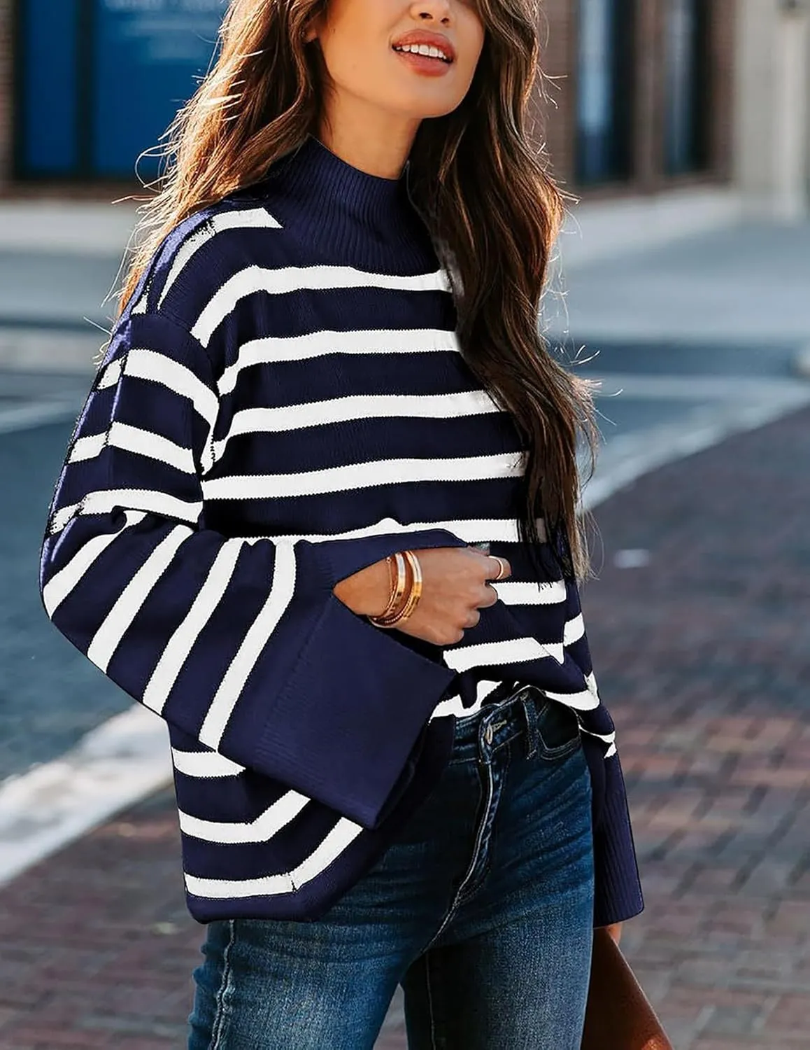 Women's Casual Long Sleeve Striped Sweater Fall Oversized Turtleneck Ribbed Knit Pullover Sweater Tops