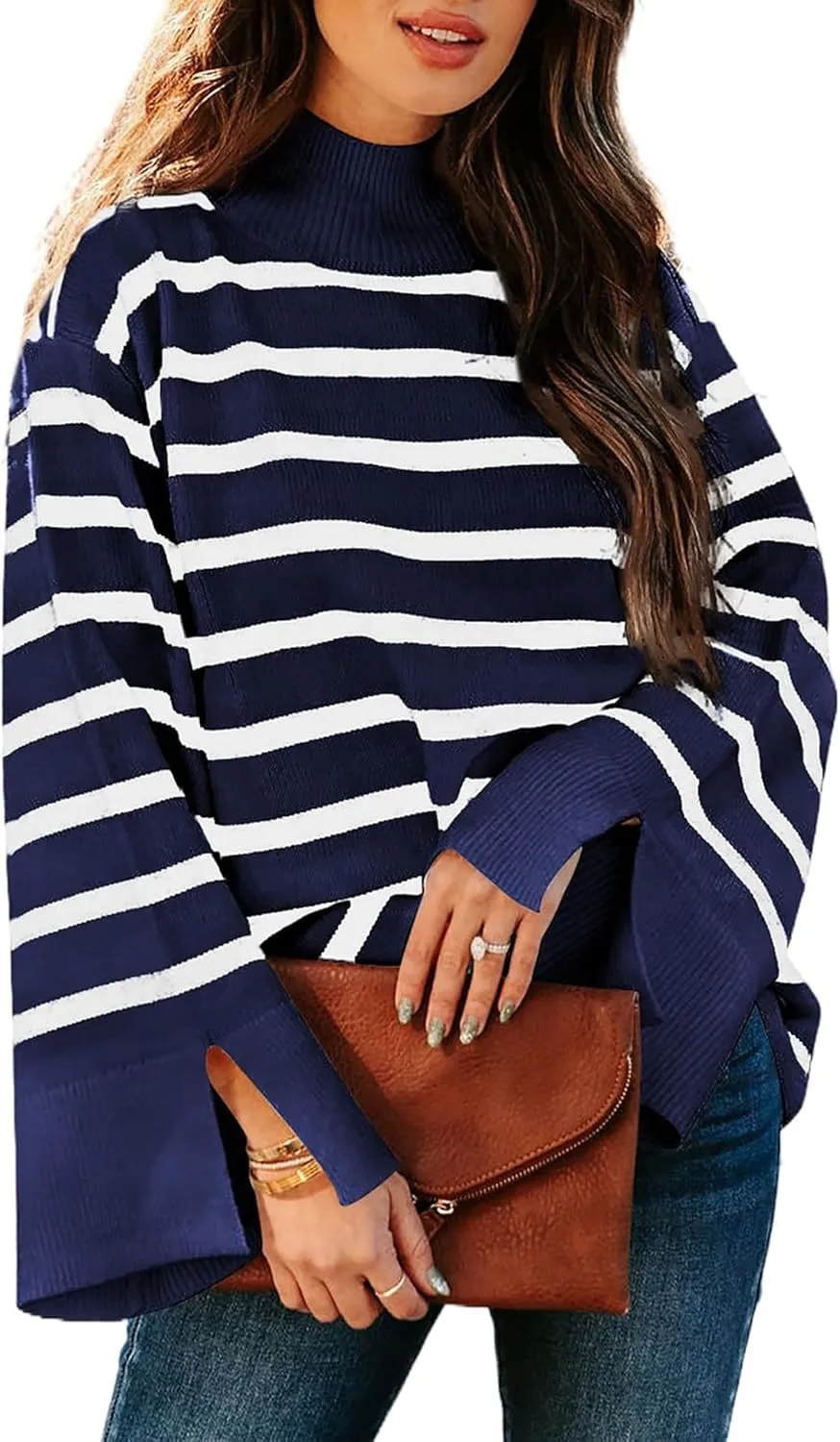 Women's Casual Long Sleeve Striped Sweater Fall Oversized Turtleneck Ribbed Knit Pullover Sweater Tops