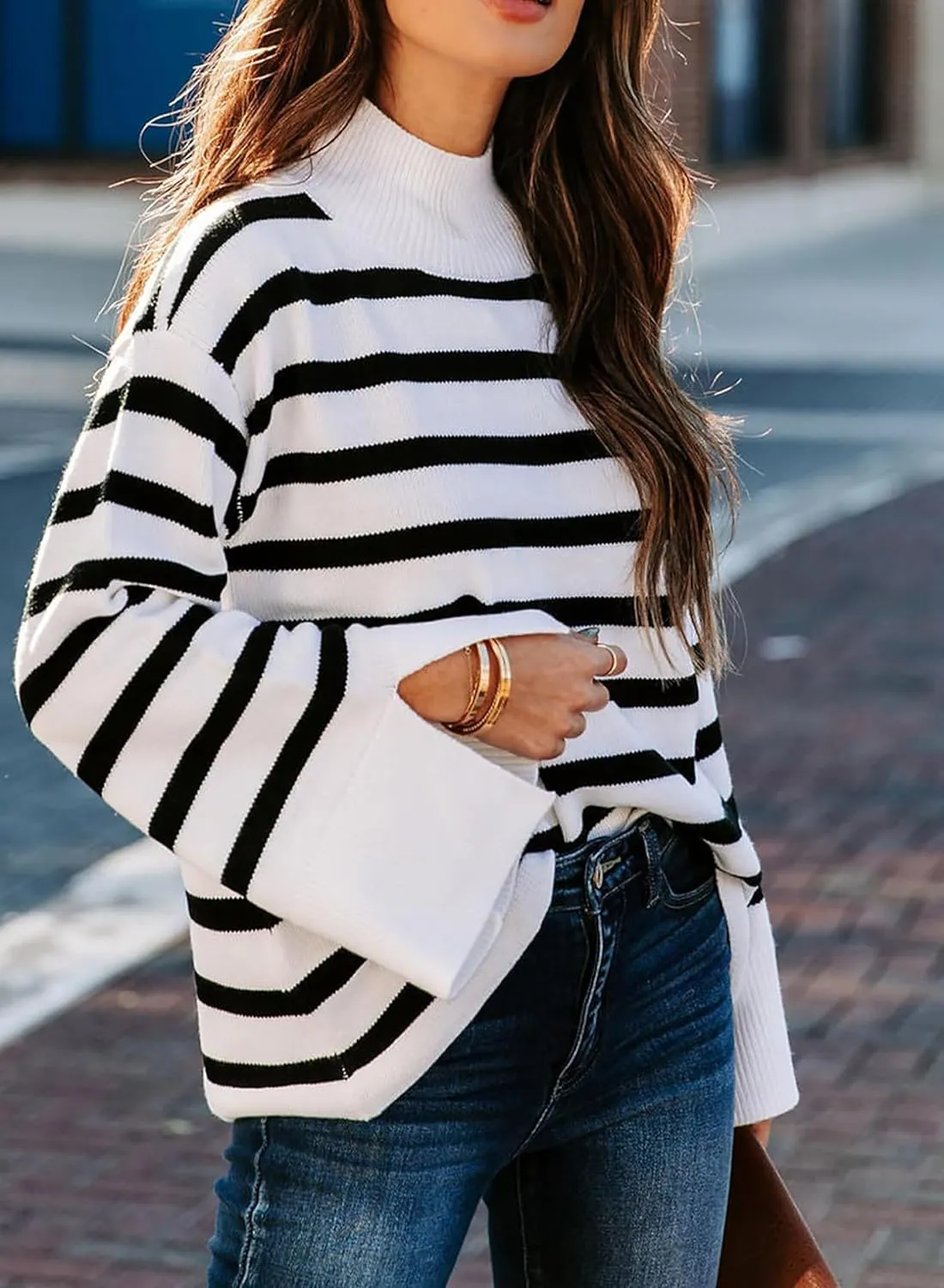 Women's Casual Long Sleeve Striped Sweater Fall Oversized Turtleneck Ribbed Knit Pullover Sweater Tops