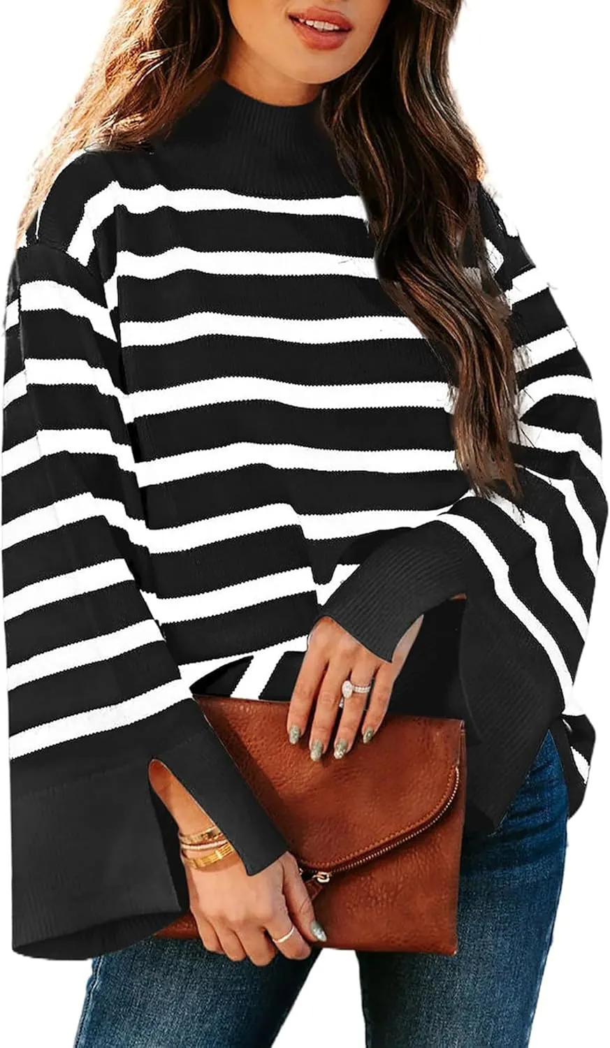Women's Casual Long Sleeve Striped Sweater Fall Oversized Turtleneck Ribbed Knit Pullover Sweater Tops