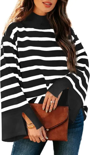 Women's Casual Long Sleeve Striped Sweater Fall Oversized Turtleneck Ribbed Knit Pullover Sweater Tops