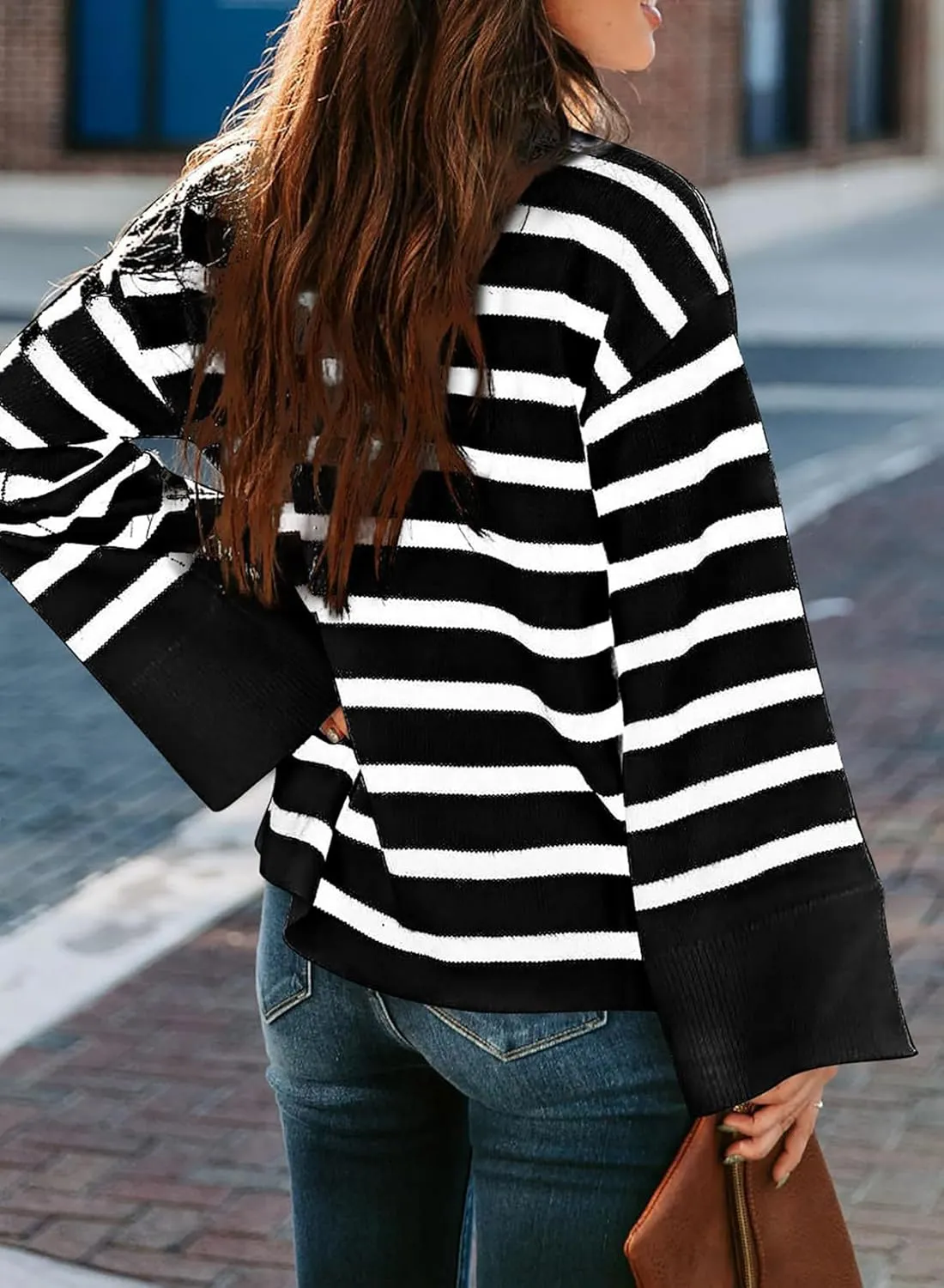 Women's Casual Long Sleeve Striped Sweater Fall Oversized Turtleneck Ribbed Knit Pullover Sweater Tops