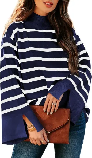 Women's Casual Long Sleeve Striped Sweater Fall Oversized Turtleneck Ribbed Knit Pullover Sweater Tops