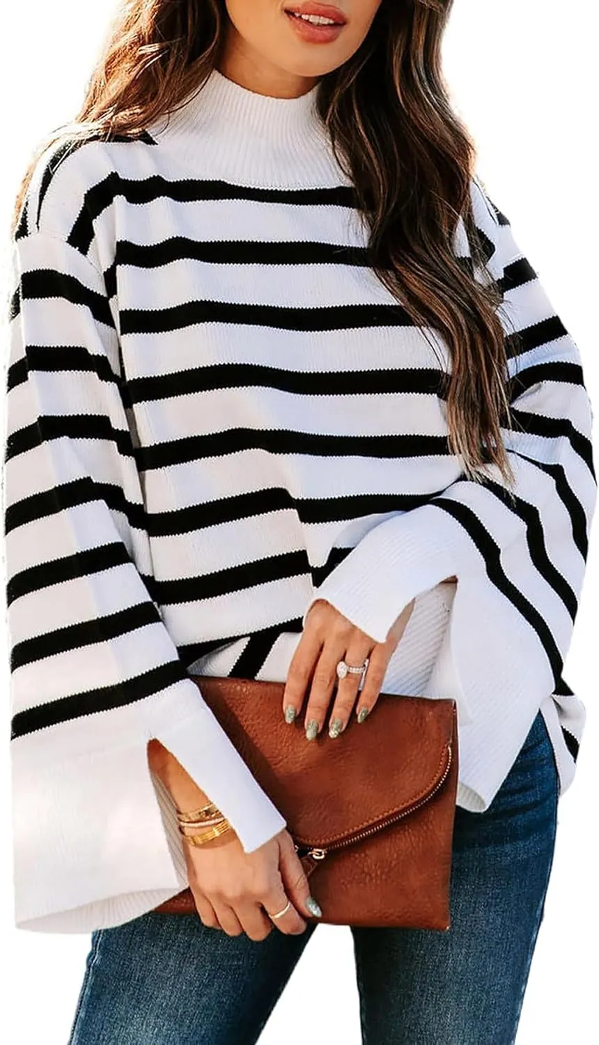 Women's Casual Long Sleeve Striped Sweater Fall Oversized Turtleneck Ribbed Knit Pullover Sweater Tops