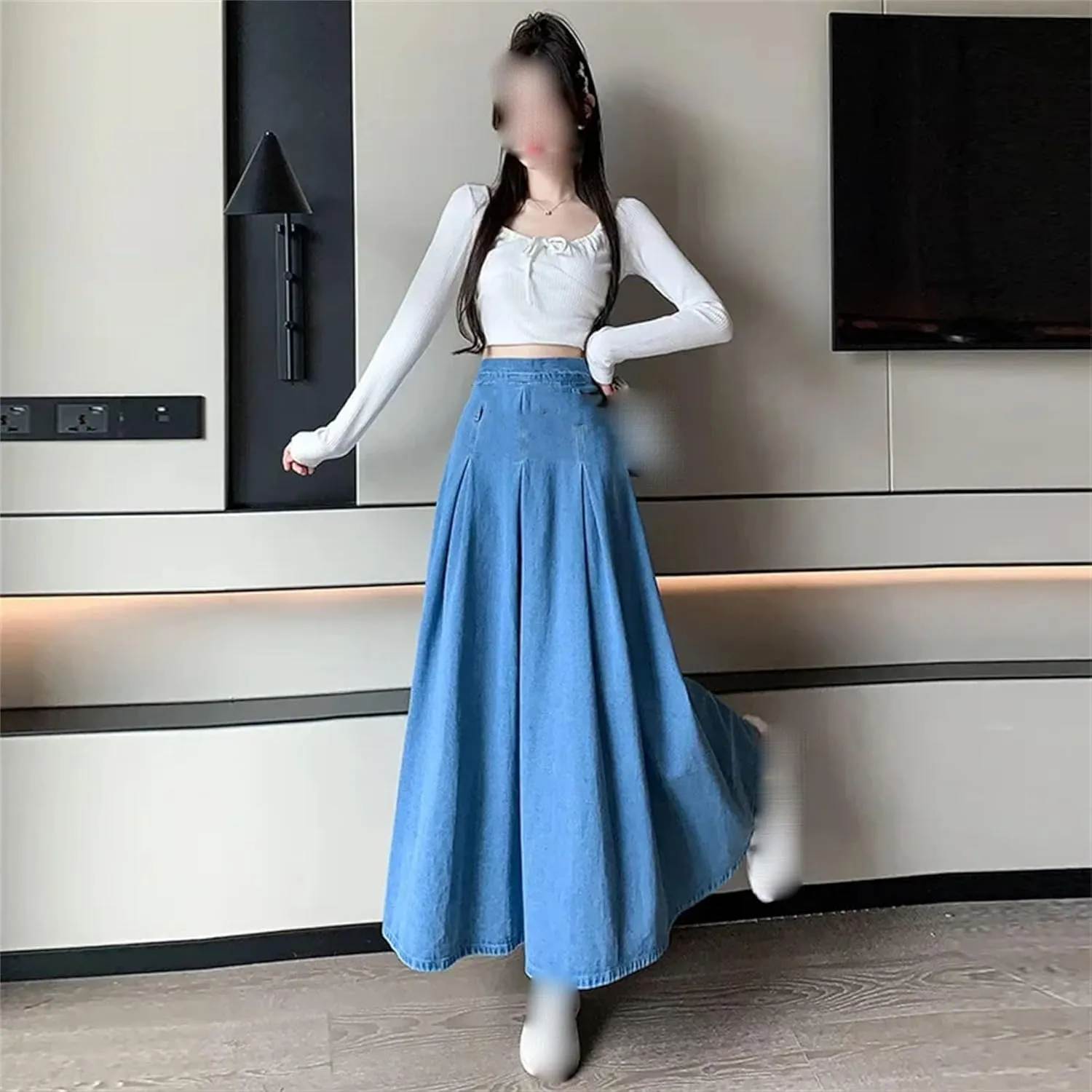 Women's Denim Midi Skirt High Waisted with Belt & Zipper - A-Line Swing Skirt Pleated Ruffle Hem Office to Weekend