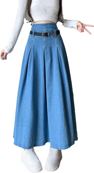 Women's Denim Midi Skirt High Waisted with Belt & Zipper - A-Line Swing Skirt Pleated Ruffle Hem Office to Weekend