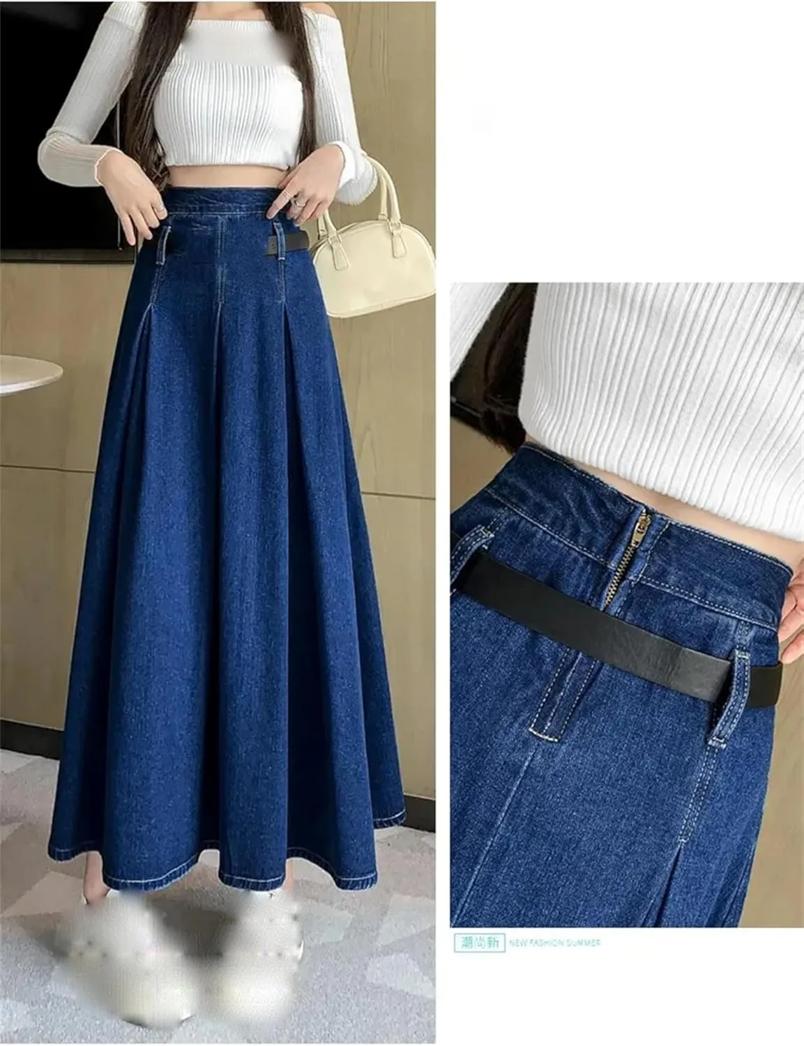 Women's Denim Midi Skirt High Waisted with Belt & Zipper - A-Line Swing Skirt Pleated Ruffle Hem Office to Weekend