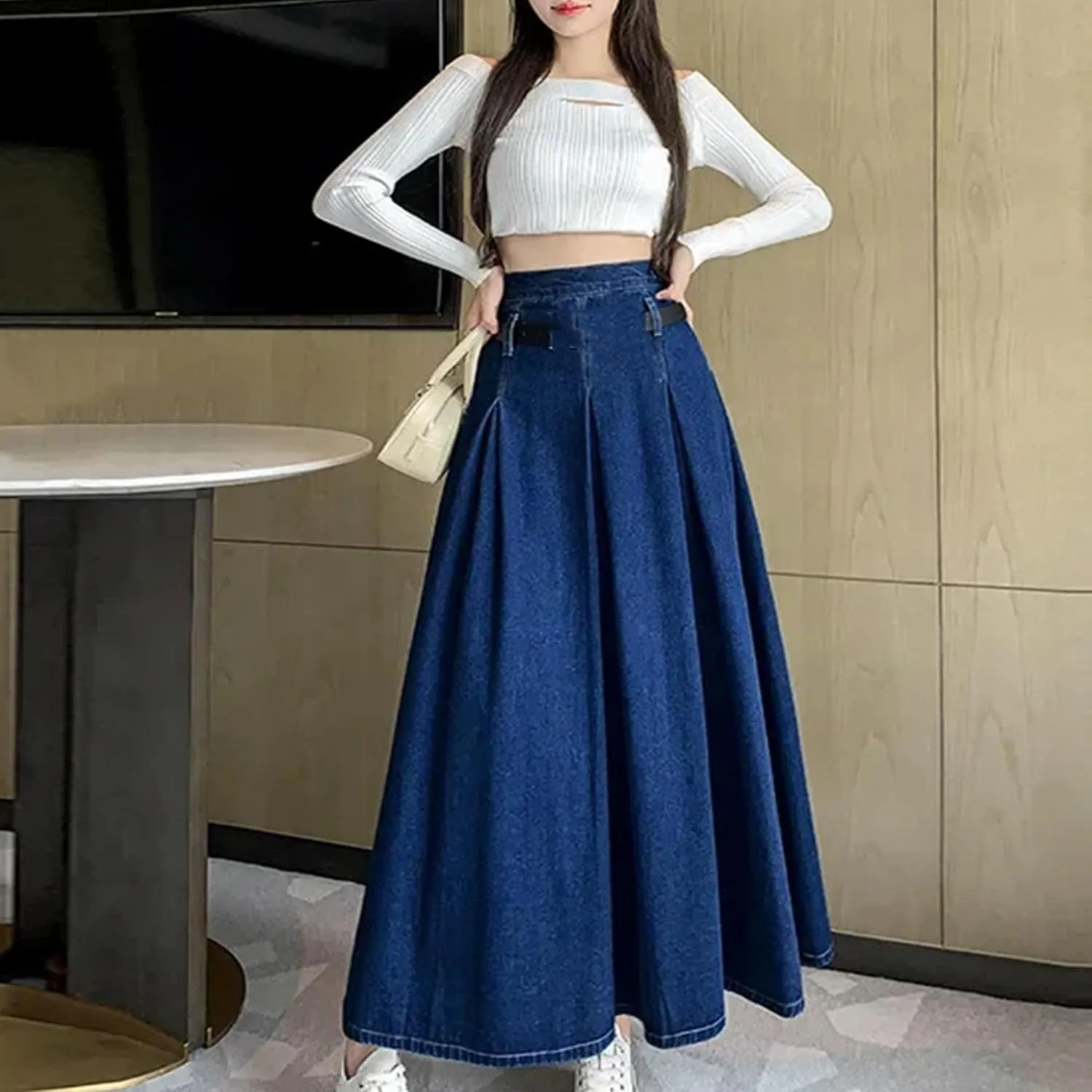 Women's Denim Midi Skirt High Waisted with Belt & Zipper - A-Line Swing Skirt Pleated Ruffle Hem Office to Weekend