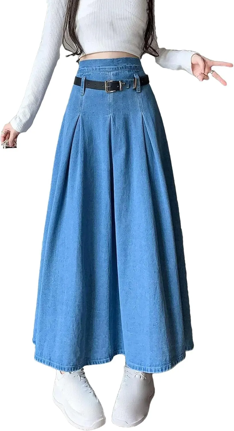 Women's Denim Midi Skirt High Waisted with Belt & Zipper - A-Line Swing Skirt Pleated Ruffle Hem Office to Weekend