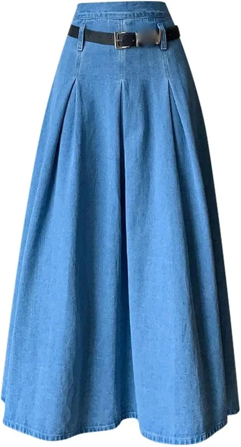 Women's Denim Midi Skirt High Waisted with Belt & Zipper - A-Line Swing Skirt Pleated Ruffle Hem Office to Weekend