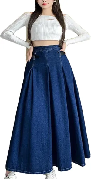 Women's Denim Midi Skirt High Waisted with Belt & Zipper - A-Line Swing Skirt Pleated Ruffle Hem Office to Weekend