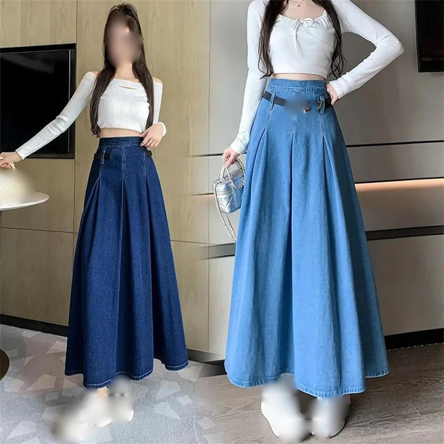 Women's Denim Midi Skirt High Waisted with Belt & Zipper - A-Line Swing Skirt Pleated Ruffle Hem Office to Weekend