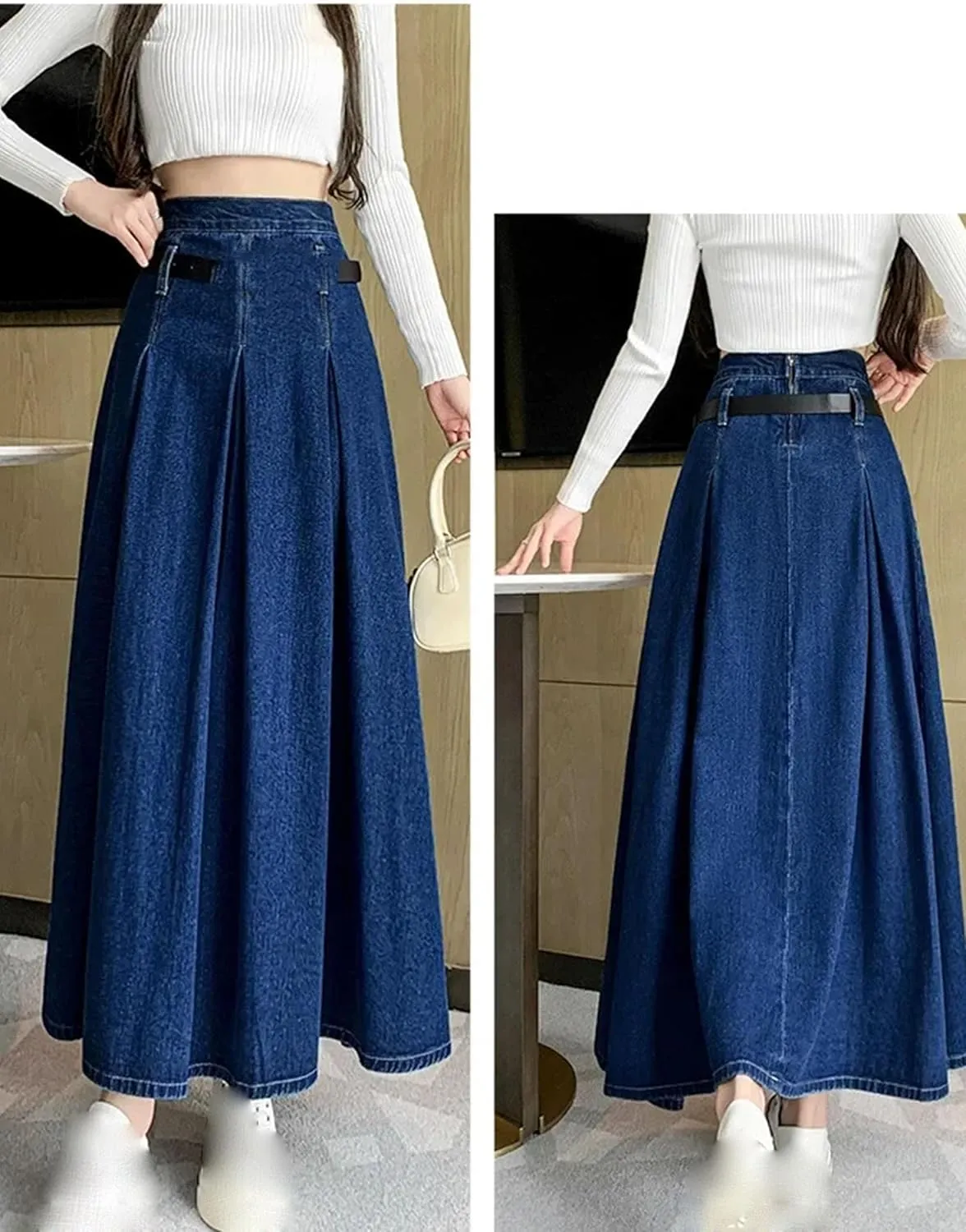 Women's Denim Midi Skirt High Waisted with Belt & Zipper - A-Line Swing Skirt Pleated Ruffle Hem Office to Weekend