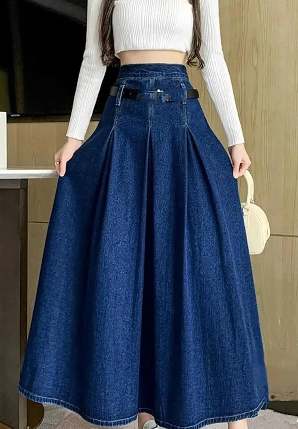 Women's Denim Midi Skirt High Waisted with Belt & Zipper - A-Line Swing Skirt Pleated Ruffle Hem Office to Weekend