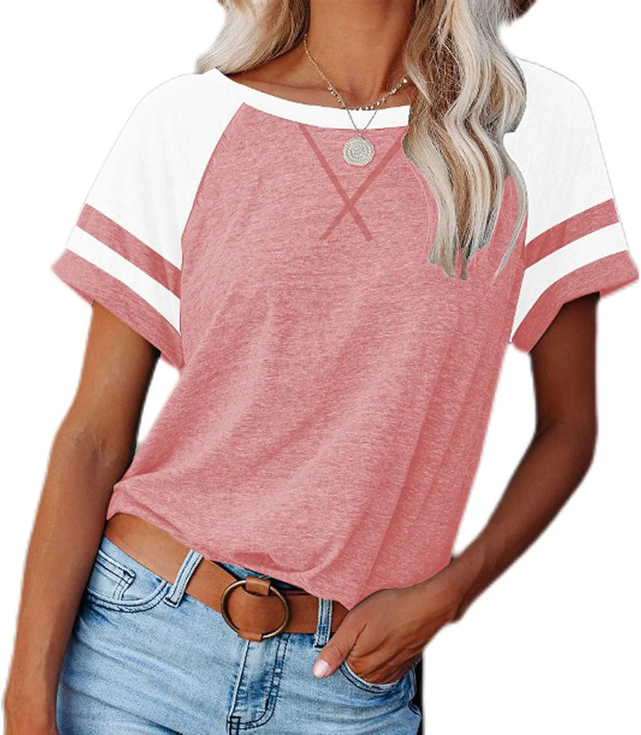 Women's Fashion Casual Crewneck Color Block T Shirts Loose Fit Tee Shirts Blouses 2025 Fashion Shirts Workout Tee