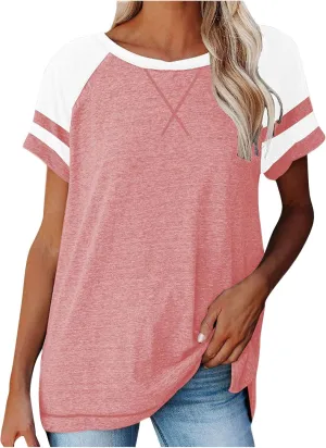 Women's Fashion Casual Crewneck Color Block T Shirts Loose Fit Tee Shirts Blouses 2025 Fashion Shirts Workout Tee