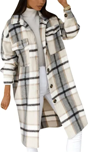 Women's Flannel Long Sleeve Open Front Tunic Spread Collar Winter Trench Coat Wool Blend Fall Casual Windcheater