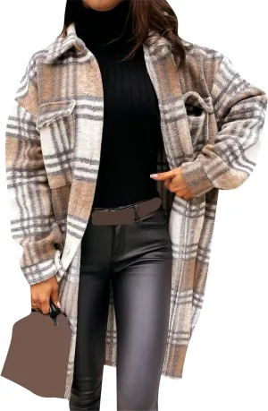Women's Flannel Long Sleeve Open Front Tunic Spread Collar Winter Trench Coat Wool Blend Fall Casual Windcheater