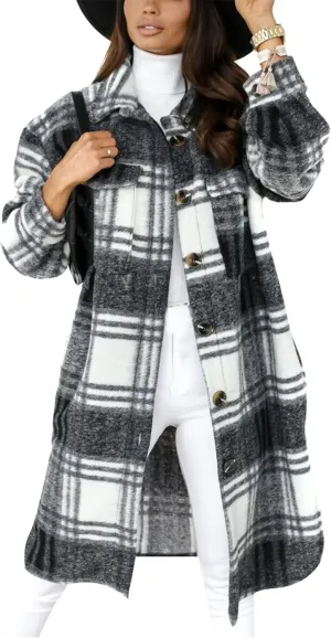 Women's Flannel Long Sleeve Open Front Tunic Spread Collar Winter Trench Coat Wool Blend Fall Casual Windcheater