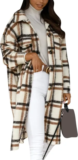Women's Flannel Long Sleeve Open Front Tunic Spread Collar Winter Trench Coat Wool Blend Fall Casual Windcheater
